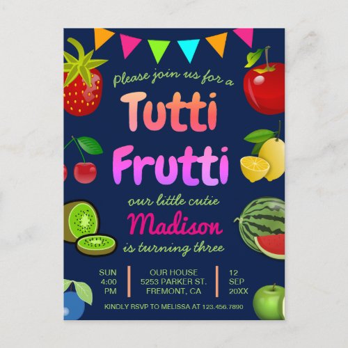 Cute Tutti Frutti Kids Birthday Party Invitation Postcard