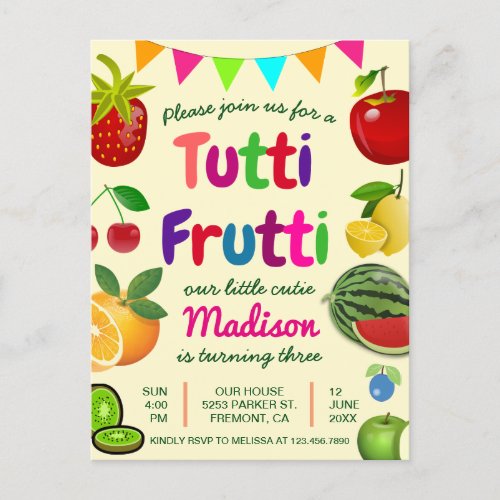 Cute Tutti Frutti Summer Birthday Party Invitation Postcard