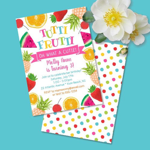 Cute Tutti Frutti Watercolor Fruits Birthday Girl Invitation