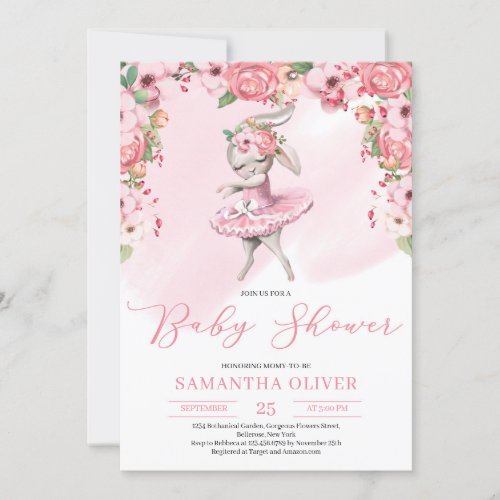 Cute tutu bunny ballerina blush floral Baby Shower Invitation