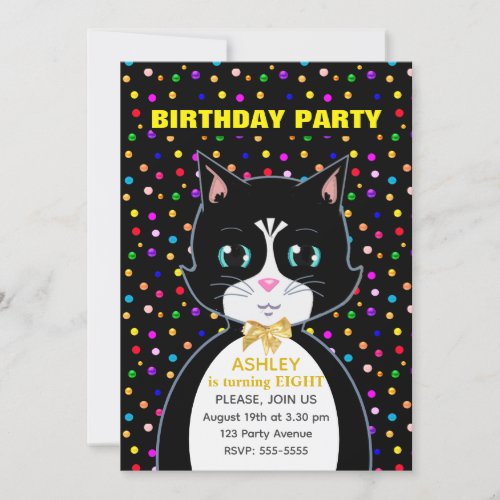 Cute Tuxedo Birthday Cat  Colorful Confetti Invitation