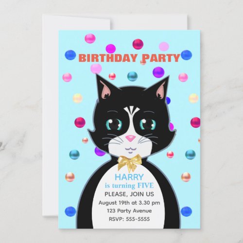 Cute Tuxedo Birthday Cat  Multicolor Confetti Invitation