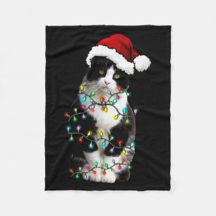 Cute Tuxedo Black Cat Christmas Light Cat Christma Fleece Blanket