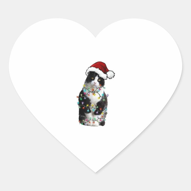 Cute Tuxedo Black Cat Christmas Light Cat Christma Heart Sticker (Front)