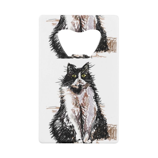 Cute Tuxedo Black White Cat Cats Art Design Credit Card Bottle Opener (Front)