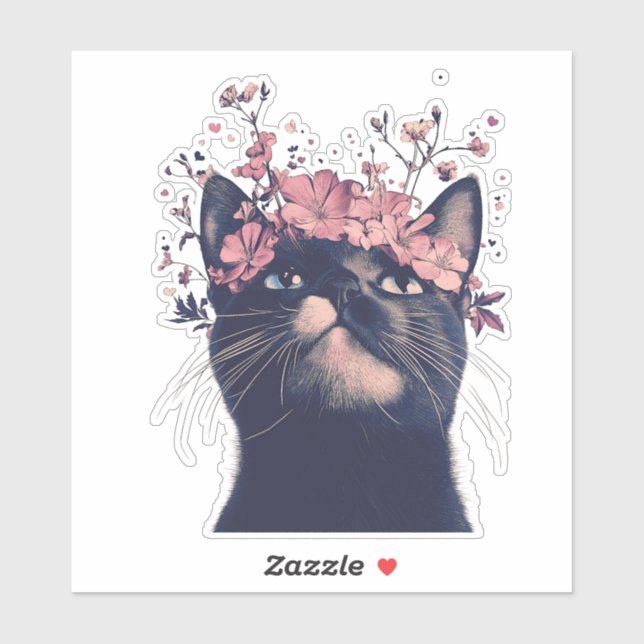 Cute Tuxedo Cat and Flowers Sticker (Sheet)
