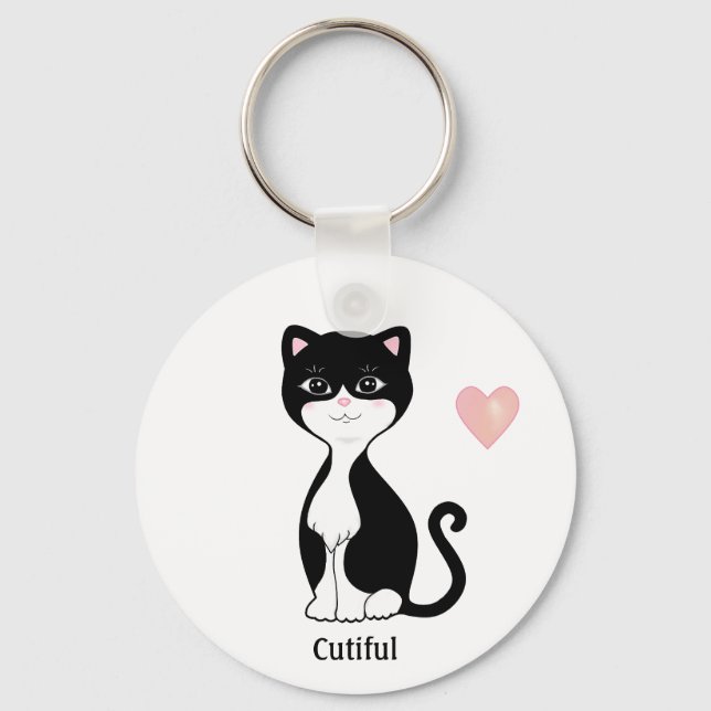 Cute Tuxedo Cat and Heart Keychain (Front)