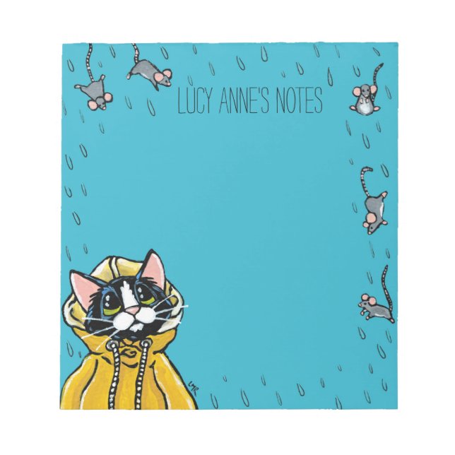 Cute Tuxedo Cat and Raining Mice Notepad (Front)