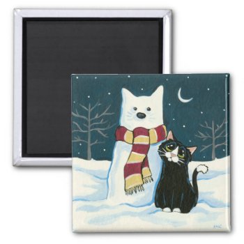 Cute Tuxedo Cat And Snowman Painting Magnet by LisaMarieArt at Zazzle