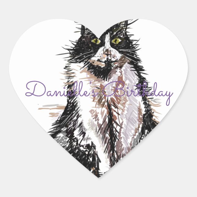 Cute Tuxedo Cat Black White Cats Birthday Heart Sticker (Front)