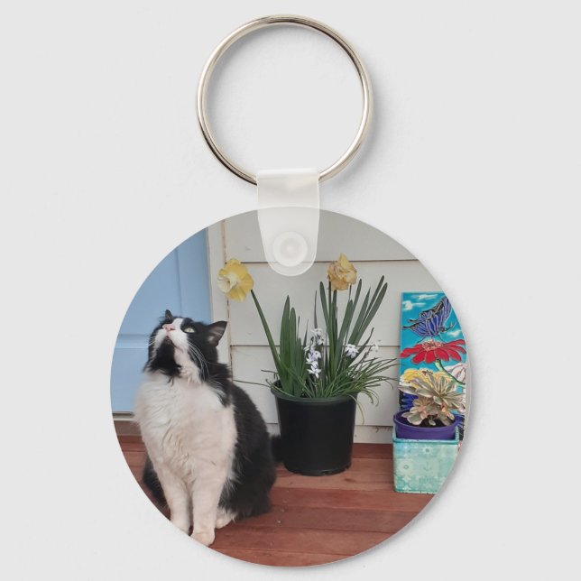 Cute Tuxedo Cat Black White Cats Floral Daffodil   Keychain (Front)