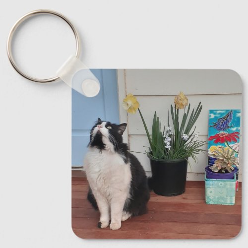 Cute Tuxedo Cat Black White Cats Floral Daffodil   Keychain