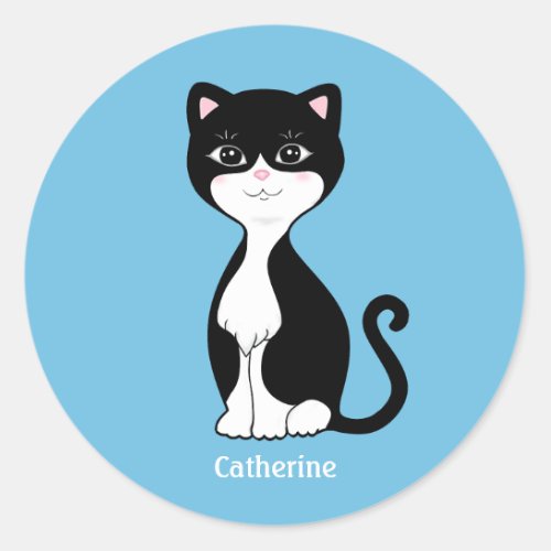 Cute Tuxedo Cat Cartoon on Light Blue Classic Round Sticker