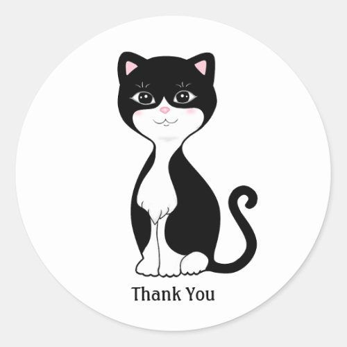 Cute Tuxedo Cat Cartoon Thank You Classic Round Sticker