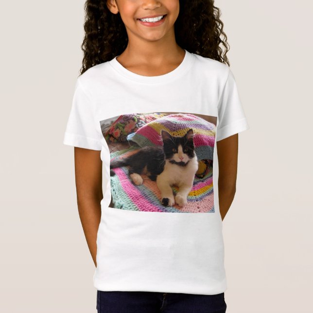 Cute Tuxedo Cat cats on Crochet Rug Girls T Shirt (Front)