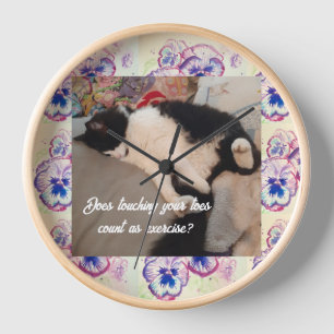 Cute Tuxedo Cat Childs Funny cats Purple Floral Clock