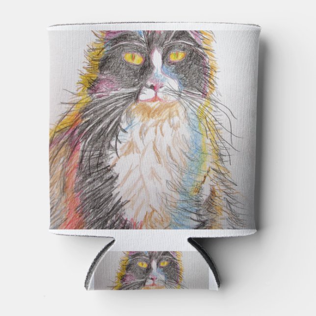 Cute Tuxedo Cat Drawing art Cats Can Cooler (Front)