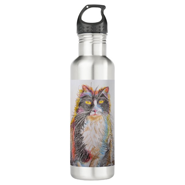 Cute Tuxedo Cat Drawing art Cats Stainless Steel Water Bottle (Front)