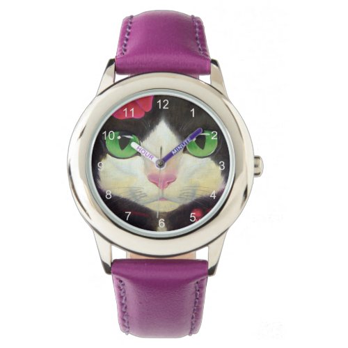 Cute Tuxedo Cat Face Black White Red Illustration Watch