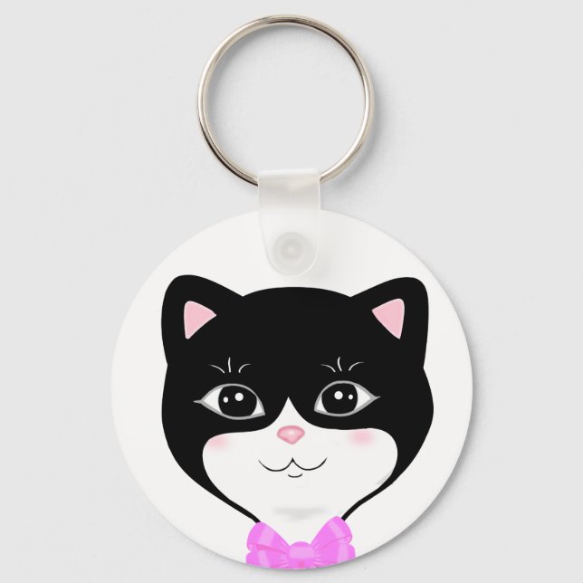 Cute Tuxedo Cat Face Keychain (Front)