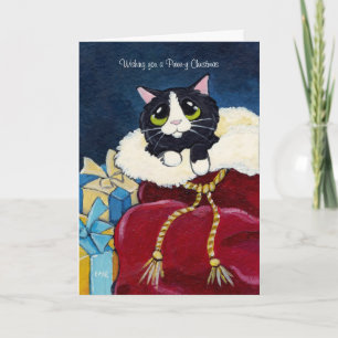 Cute Tuxedo Cat in Santa's Sack Christmas Card