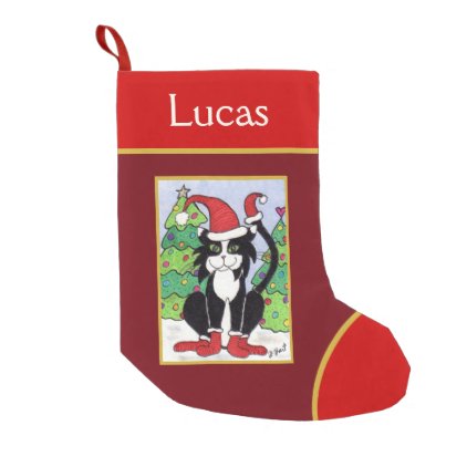 Cute Tuxedo Cat in Snow with Hat & Booties Small Christmas Stocking