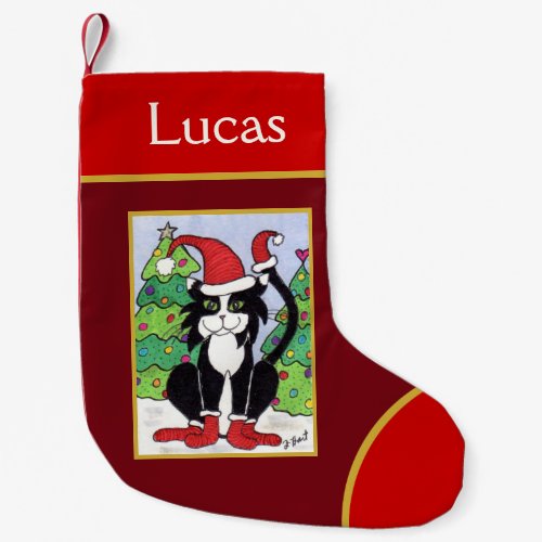 Cute Tuxedo Cat in Snow with Hat & Booties Small Christmas Stocking
