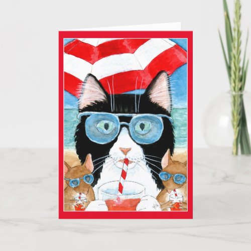 Cute tuxedo cat mouse beach vacation holiday card