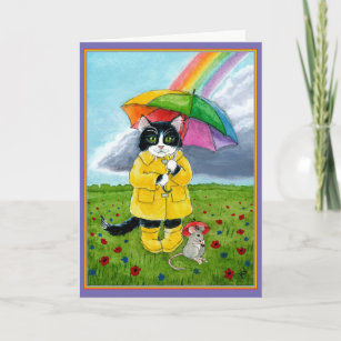 Cute tuxedo cat, mouse, rainbow umbrella birthday card