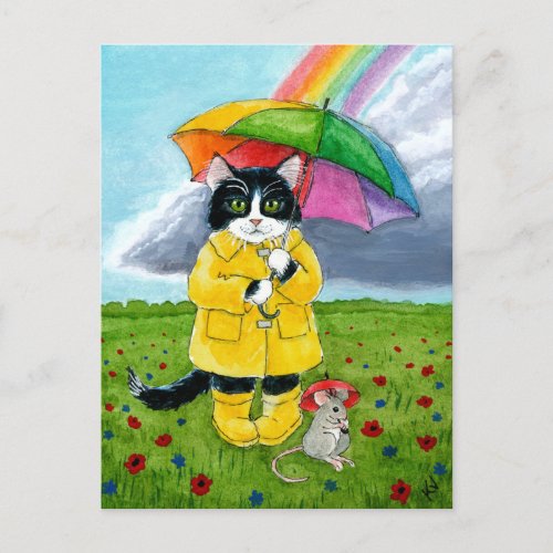 Cute tuxedo cat mouse with rainbow umbrella postcard
