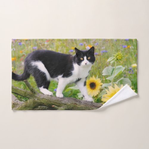 Cute tuxedo cat on a tree branch with sunflowers _ bath towel set
