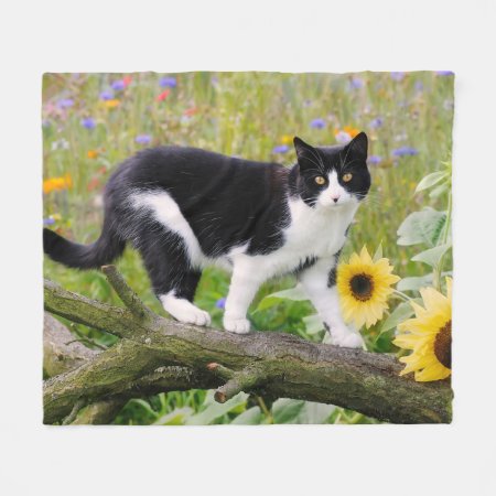 Cute Tuxedo Cat On A Tree Branch With Sunflowers _ Fleece Blanket