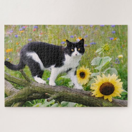 Cute tuxedo cat on a tree branch with sunflowers _ jigsaw puzzle