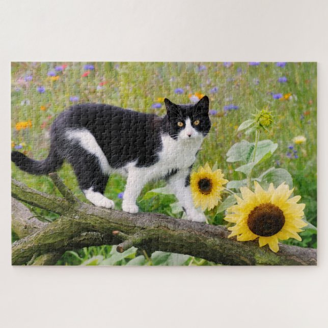 Cute tuxedo cat on a tree branch with sunflowers - jigsaw puzzle (Horizontal)