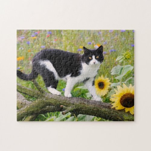 Cute tuxedo cat on a tree branch with sunflowers jigsaw puzzle