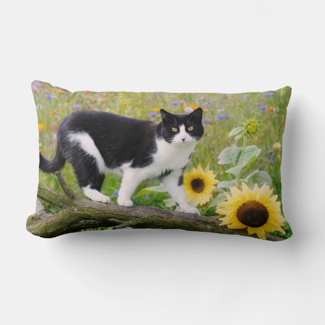 Cute tuxedo cat on a tree branch with sunflowers lumbar pillow (Front)