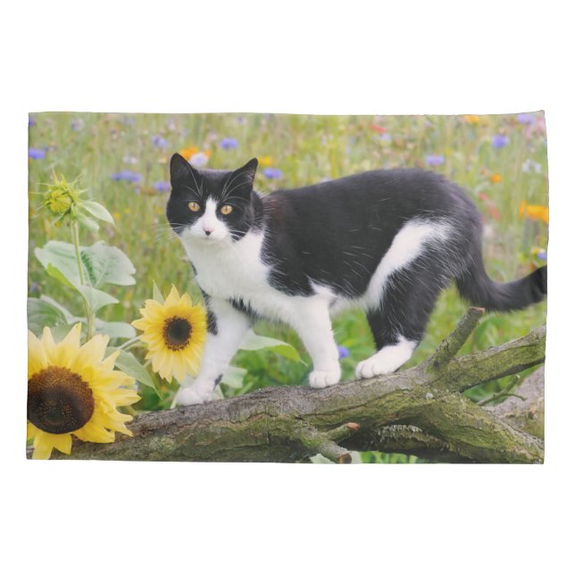 Cute tuxedo cat on a tree branch with sunflowers - pillow case (Back)