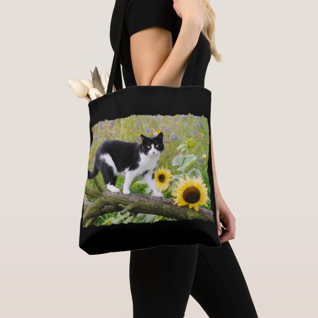 Cute tuxedo cat on a tree branch with sunflowers - tote bag (Close Up)
