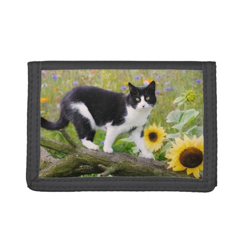 Cute tuxedo cat on a tree branch with sunflowers _ trifold wallet