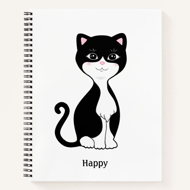 Cute Tuxedo Cat on White Spiral Notebook (Front)