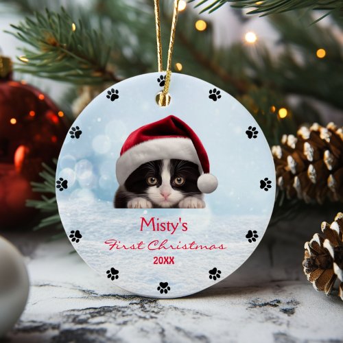 Cute Tuxedo Cat Paw Print Personalized  Ceramic Ornament