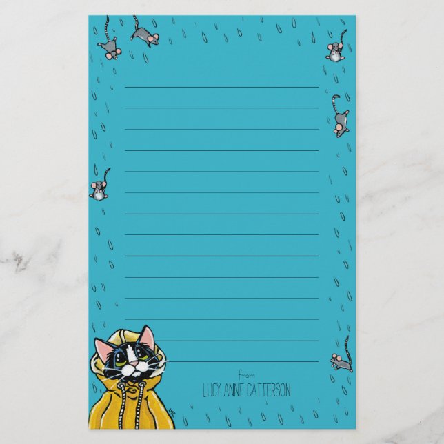 Cute Tuxedo Cat & Raining Mice Lined Personalized Stationery (Front)
