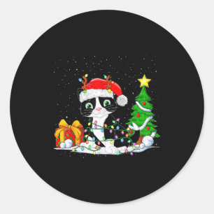 Cute Tuxedo Cat Santa Christmas Tree Lights Xmas T Classic Round Sticker