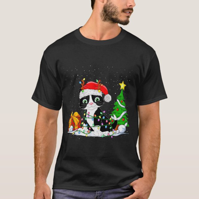 Cute Tuxedo Cat Santa Christmas Tree Lights Xmas T T-Shirt (Front)