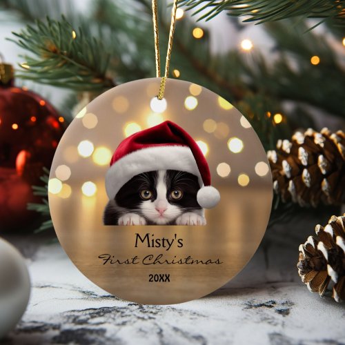 Cute Tuxedo Cat Santa Hat Gold Personalized  Ceramic Ornament