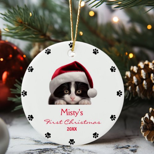 Cute Tuxedo Cat Santa Hat Paw Print Personalized  Ceramic Ornament