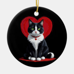 Cute Tuxedo Cat Valentine's Day Heart Cat Lover Ceramic Ornament