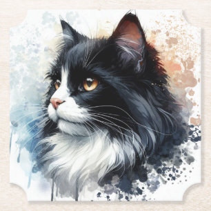 Cute Tuxedo Cat Watercolor Art Paper Coaster