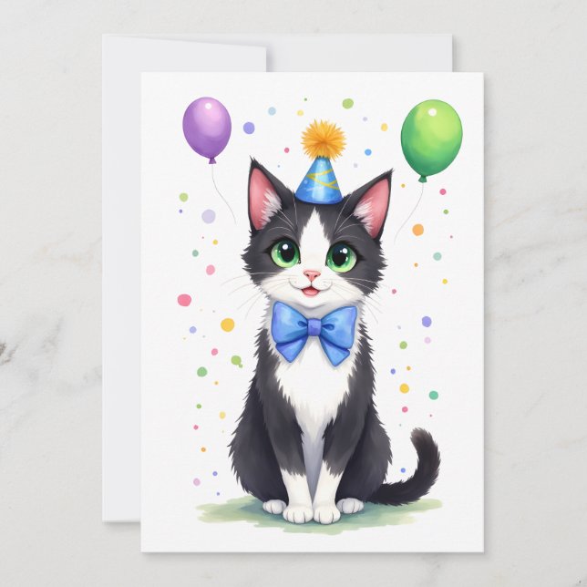 Cute Tuxedo Cat with a Bow Tie Happy Birthday Card (Front)