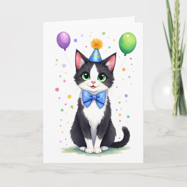 Cute Tuxedo Cat with a Bow Tie Happy Birthday Card (Front)